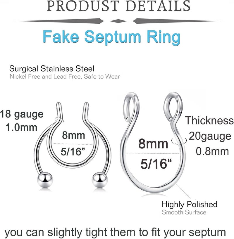 QWALIT Fake Septum Ring Fake Septum Piercing Faux Septum Nose Rings Fake Nose Ring Septum Fake Septum Nose Ring Clip On Septum Nose Ring Faux Septum Piercing Fake Septum Hoop Fake Septum Jewelry - Image 2